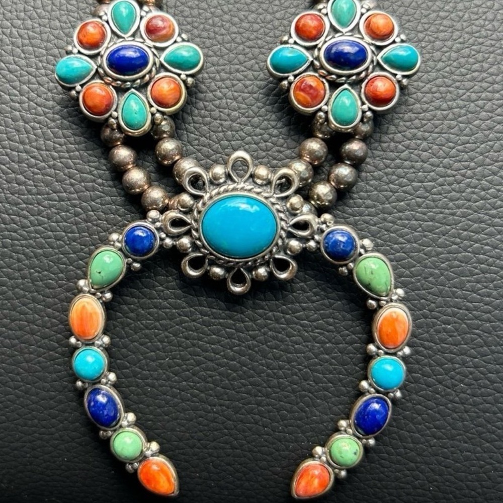 Vintage sterling silver Carolyn Pollack Multi Gemstones Squash Blossom Necklace